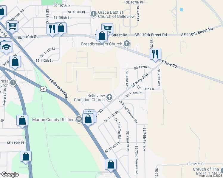 map of restaurants, bars, coffee shops, grocery stores, and more near 7233 Florida 25A in Belleview