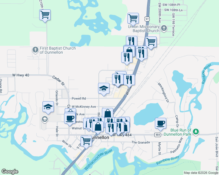 map of restaurants, bars, coffee shops, grocery stores, and more near Ash St in Dunnellon