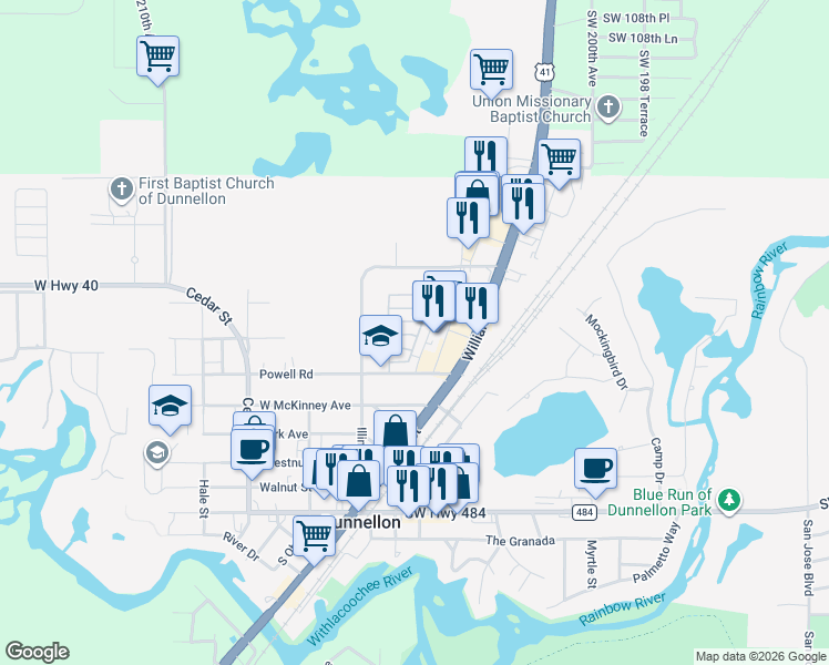 map of restaurants, bars, coffee shops, grocery stores, and more near Ash St in Dunnellon