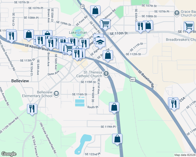 map of restaurants, bars, coffee shops, grocery stores, and more near 11531 Southeast 60th Avenue in Belleview