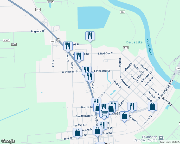map of restaurants, bars, coffee shops, grocery stores, and more near 800 North Brooks Street in Brazoria