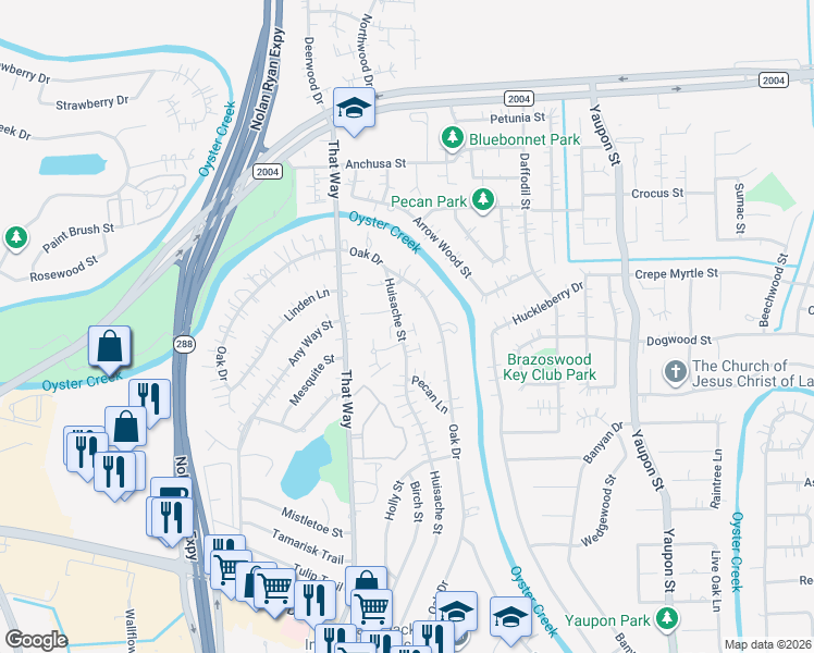 map of restaurants, bars, coffee shops, grocery stores, and more near 302 Huisache Street in Lake Jackson