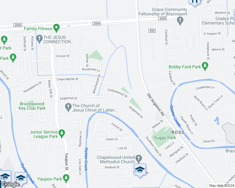map of restaurants, bars, coffee shops, grocery stores, and more near 115 Cottonwood Street in Lake Jackson