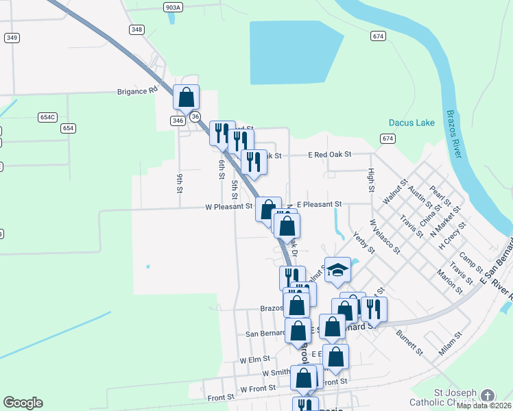 map of restaurants, bars, coffee shops, grocery stores, and more near 120 West Pleasant Street in Brazoria