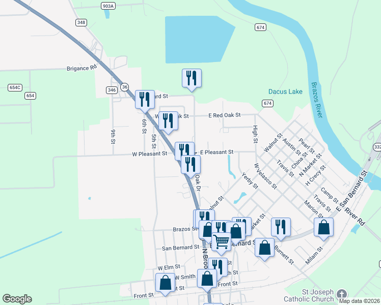 map of restaurants, bars, coffee shops, grocery stores, and more near 120 West Pleasant Street in Brazoria