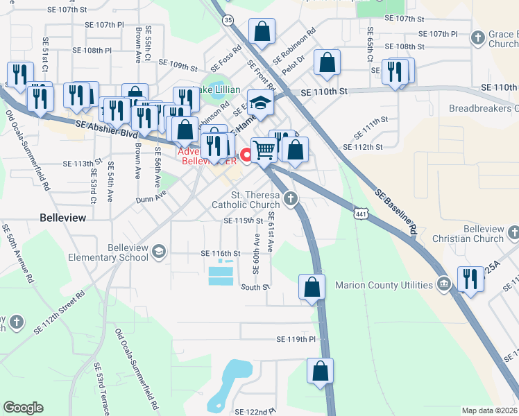 map of restaurants, bars, coffee shops, grocery stores, and more near 6020 Southeast Campbell Road in Belleview
