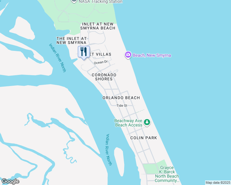 map of restaurants, bars, coffee shops, grocery stores, and more near 1800 Beacon Street in New Smyrna Beach