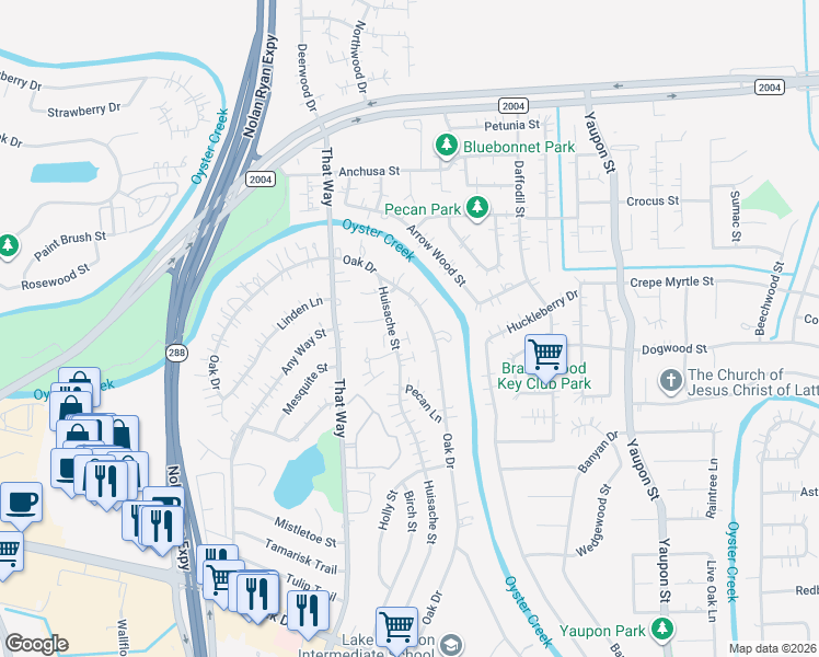 map of restaurants, bars, coffee shops, grocery stores, and more near 333 Oak Drive in Lake Jackson