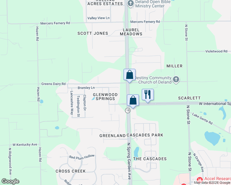 map of restaurants, bars, coffee shops, grocery stores, and more near 1213 Bramley Lane in DeLand