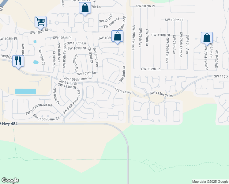 map of restaurants, bars, coffee shops, grocery stores, and more near 8060 Southwest 109th Lane Road in Ocala