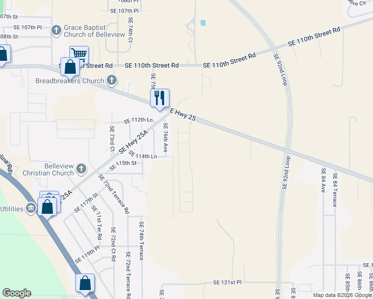 map of restaurants, bars, coffee shops, grocery stores, and more near 11405 Southeast 76th Avenue in Belleview