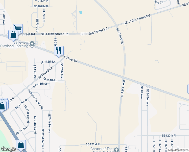map of restaurants, bars, coffee shops, grocery stores, and more near 7930 East Highway 25 in Belleview