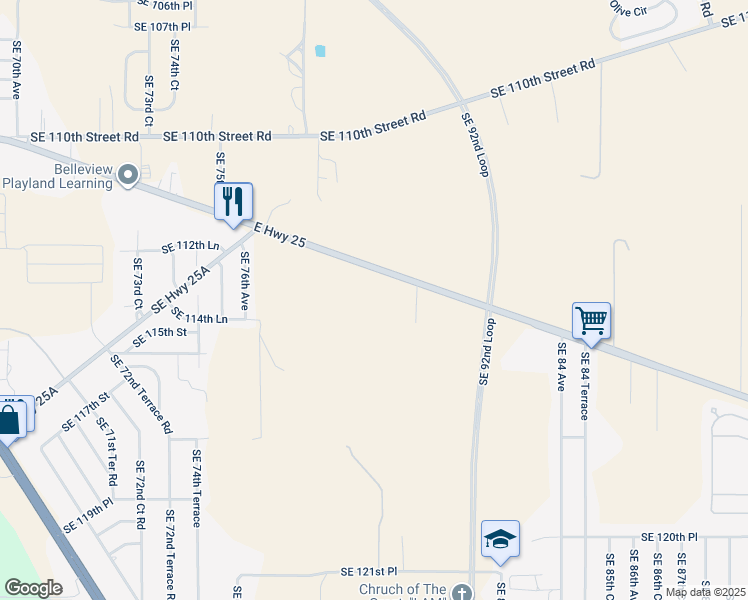 map of restaurants, bars, coffee shops, grocery stores, and more near 7930 East Highway 25 in Belleview