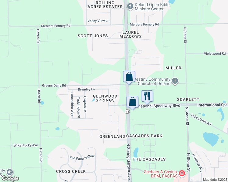 map of restaurants, bars, coffee shops, grocery stores, and more near 1216 Bramley Lane in DeLand
