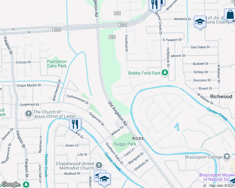 map of restaurants, bars, coffee shops, grocery stores, and more near 116 Blue Jay Court in Lake Jackson