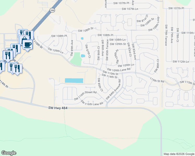 map of restaurants, bars, coffee shops, grocery stores, and more near 11410 Southwest 85th Court in Ocala