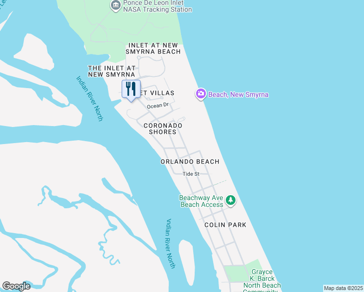map of restaurants, bars, coffee shops, grocery stores, and more near 1800 Beacon Street in New Smyrna Beach