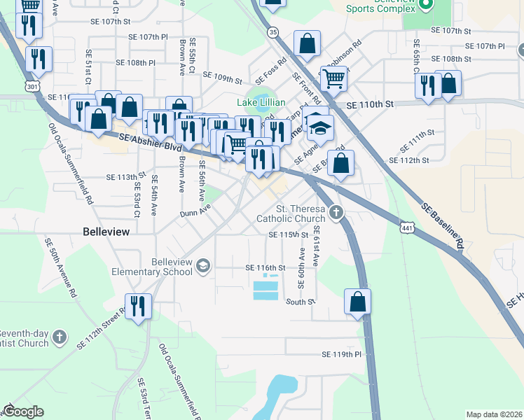 map of restaurants, bars, coffee shops, grocery stores, and more near 5831 Southeast Babb Road in Belleview