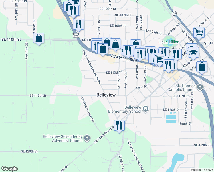 map of restaurants, bars, coffee shops, grocery stores, and more near 5218 Southeast 114th Street in Belleview