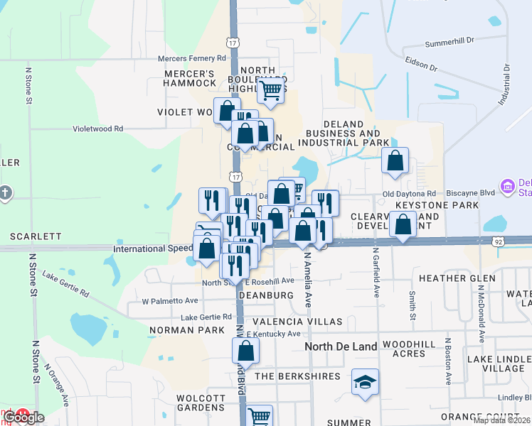 map of restaurants, bars, coffee shops, grocery stores, and more near 101 East International Speedway Boulevard in DeLand
