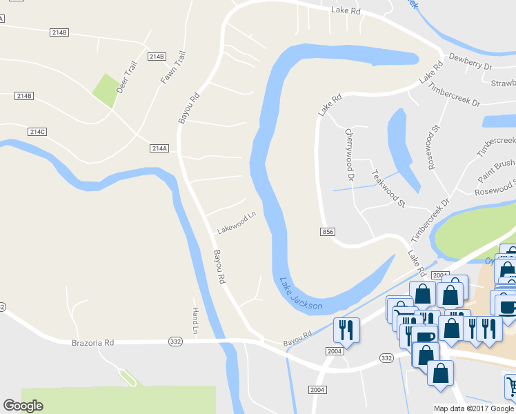 map of restaurants, bars, coffee shops, grocery stores, and more near 4 Lakewood Lane in Lake Jackson