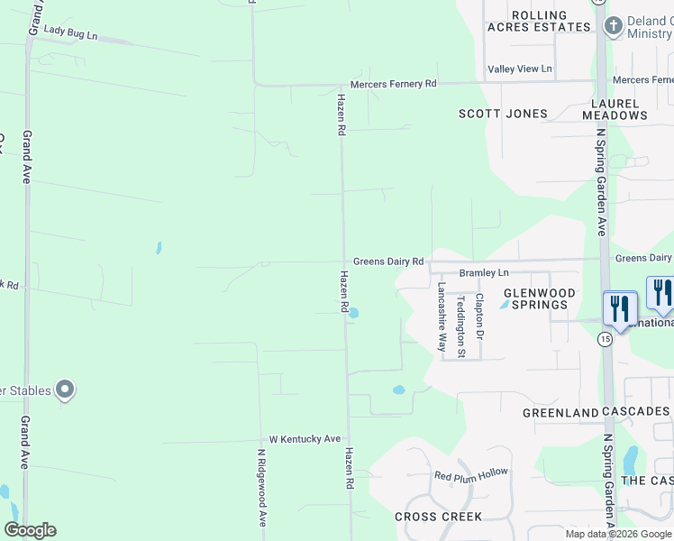 map of restaurants, bars, coffee shops, grocery stores, and more near 1664 Hazen Road in DeLand