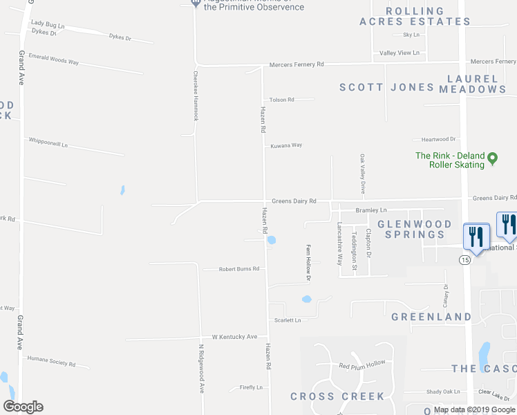 map of restaurants, bars, coffee shops, grocery stores, and more near 1664 Hazen Road in DeLand