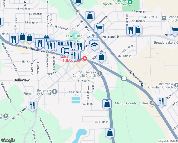 map of restaurants, bars, coffee shops, grocery stores, and more near 6020 Southeast Campbell Road in Belleview