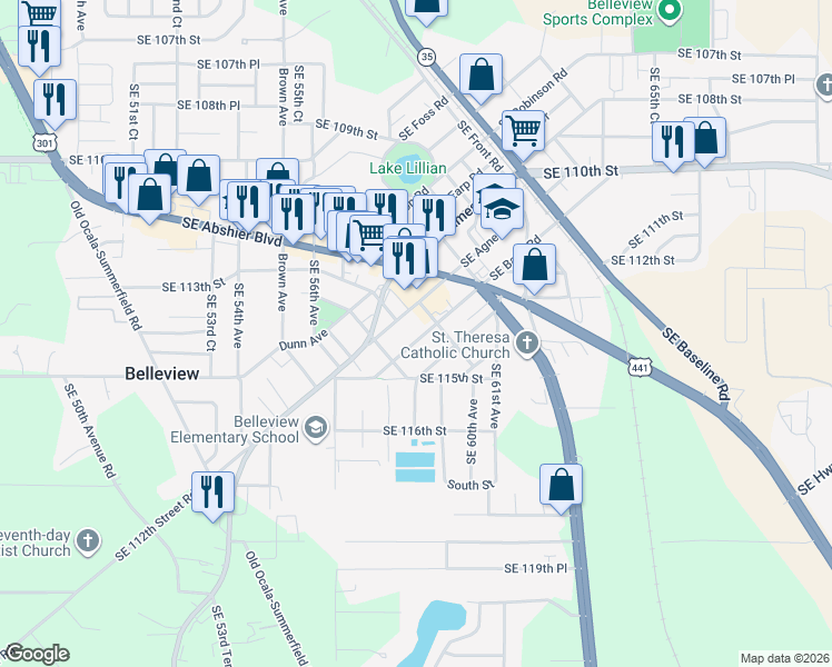 map of restaurants, bars, coffee shops, grocery stores, and more near 5831 Southeast Babb Road in Belleview