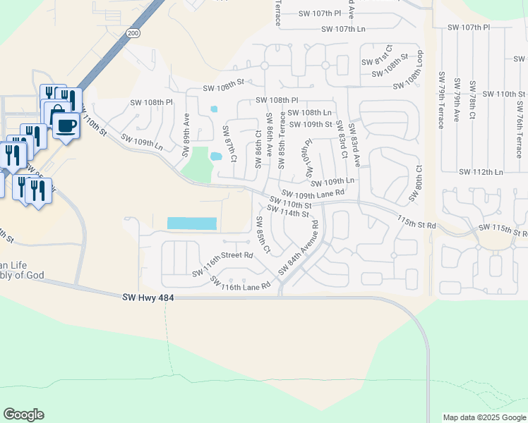 map of restaurants, bars, coffee shops, grocery stores, and more near 11385 Southwest 85th Court in Ocala