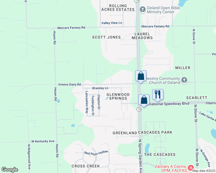 map of restaurants, bars, coffee shops, grocery stores, and more near 1269 Bramley Lane in DeLand