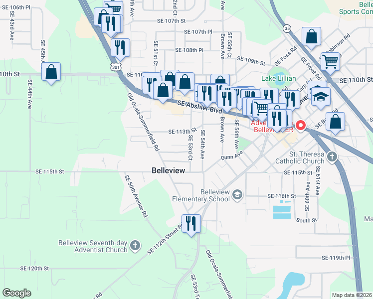 map of restaurants, bars, coffee shops, grocery stores, and more near 11412 Southeast 53rd Court in Belleview