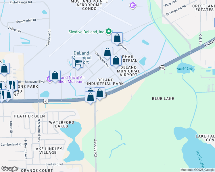 map of restaurants, bars, coffee shops, grocery stores, and more near 1315 East International Speedway Boulevard in DeLand