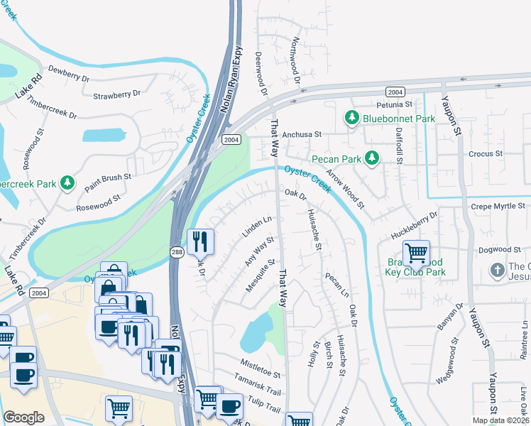 map of restaurants, bars, coffee shops, grocery stores, and more near 329 Linden Lane in Lake Jackson
