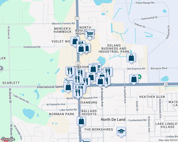 map of restaurants, bars, coffee shops, grocery stores, and more near 101 East International Speedway Boulevard in DeLand