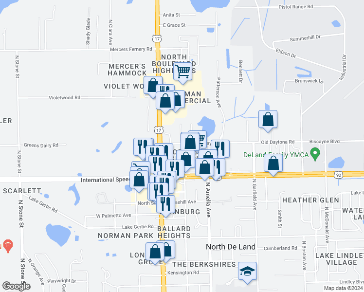 map of restaurants, bars, coffee shops, grocery stores, and more near 200 Old Daytona Road in DeLand