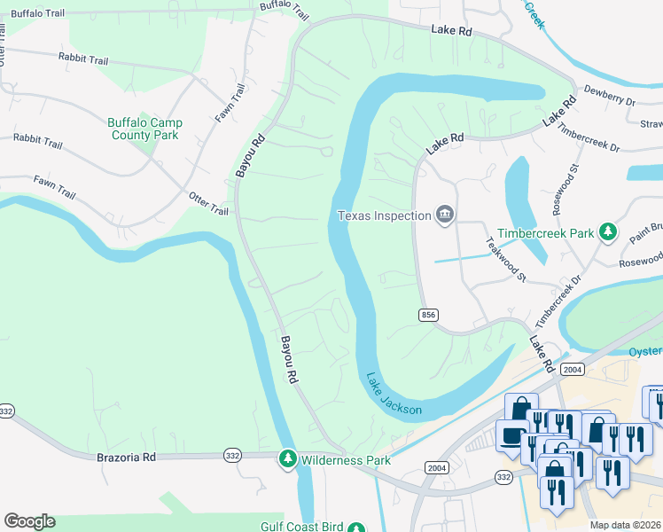map of restaurants, bars, coffee shops, grocery stores, and more near 4 Lakewood Lane in Lake Jackson