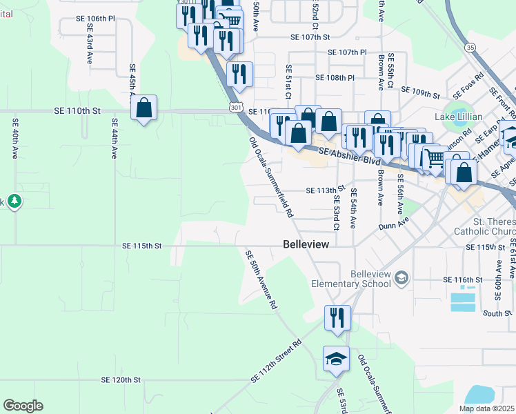 map of restaurants, bars, coffee shops, grocery stores, and more near 11322 Southeast 55th Avenue Road in Belleview
