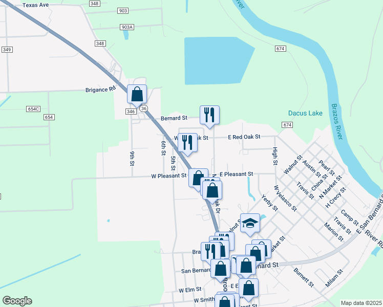 map of restaurants, bars, coffee shops, grocery stores, and more near 109 West Red Oak Street in Brazoria