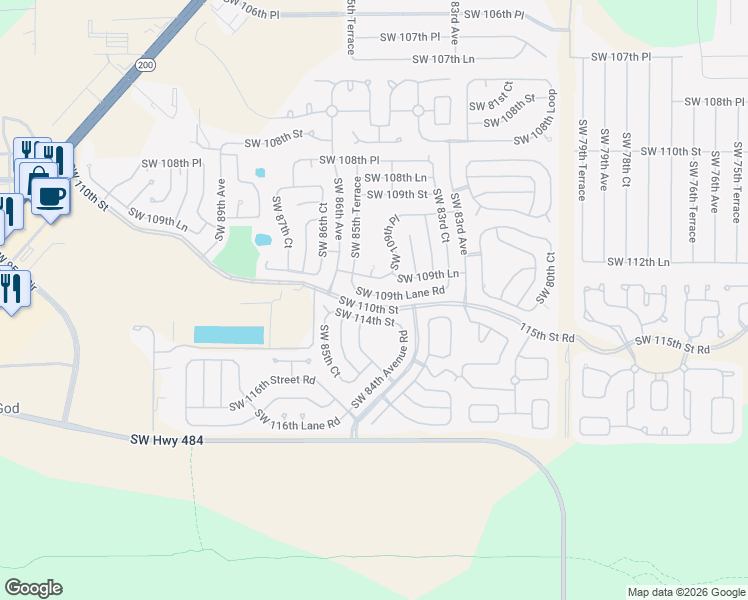 map of restaurants, bars, coffee shops, grocery stores, and more near 8490 Southwest 109th Lane Road in Ocala