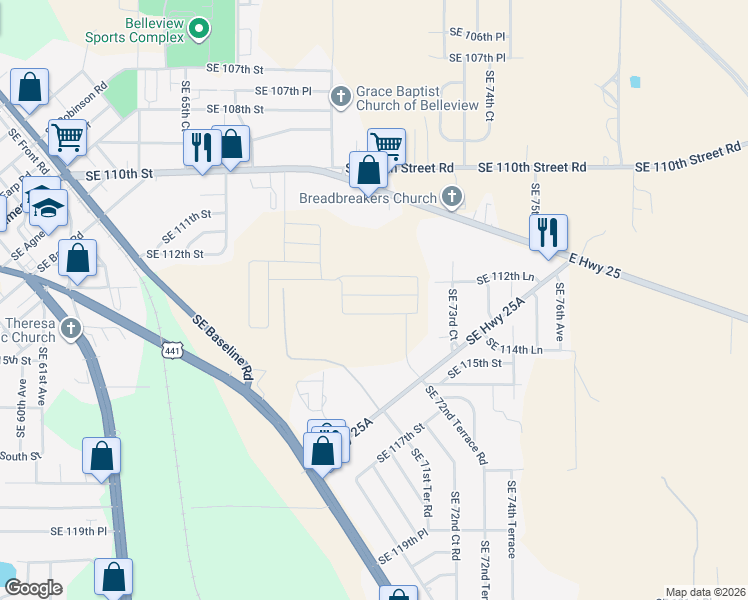 map of restaurants, bars, coffee shops, grocery stores, and more near 7200 Southeast 115th Place in Belleview