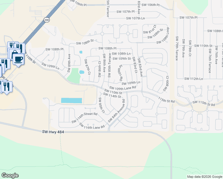 map of restaurants, bars, coffee shops, grocery stores, and more near 8563 Southwest 109th Lane Road in Ocala