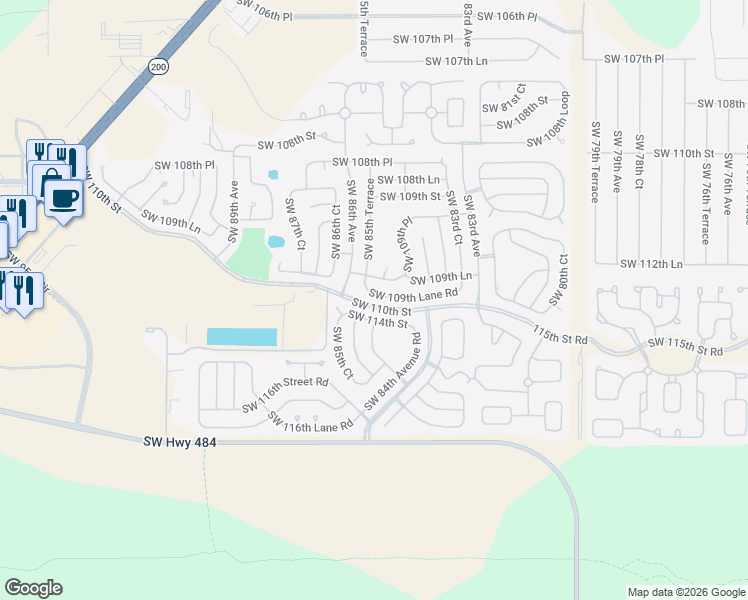 map of restaurants, bars, coffee shops, grocery stores, and more near 8563 Southwest 109th Lane Road in Ocala