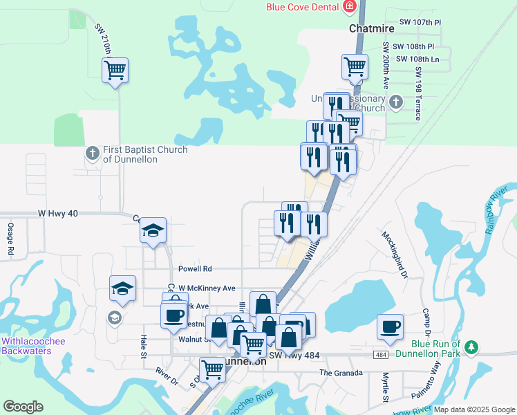 map of restaurants, bars, coffee shops, grocery stores, and more near 11364 Robinson Lane in Dunnellon