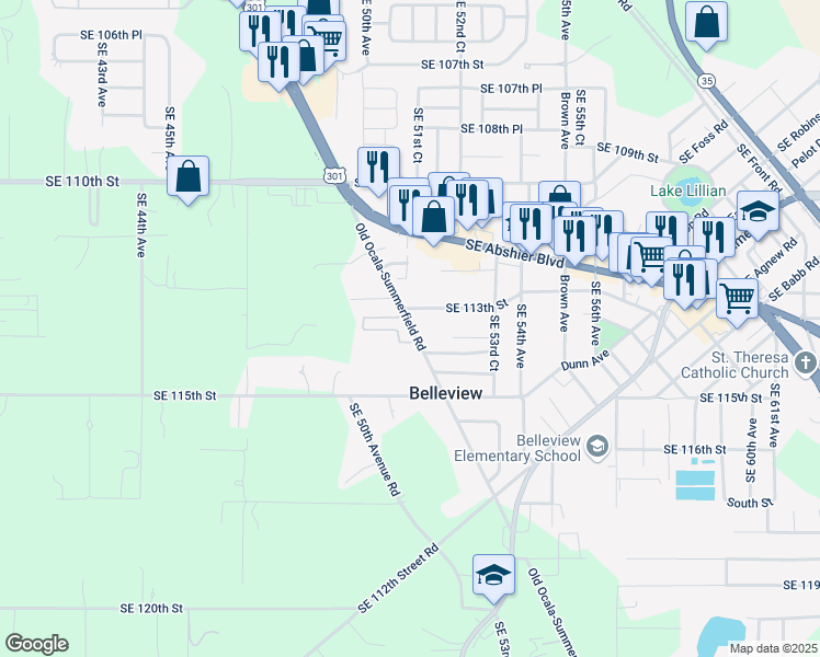 map of restaurants, bars, coffee shops, grocery stores, and more near 5210 Southeast 113th Street in Belleview