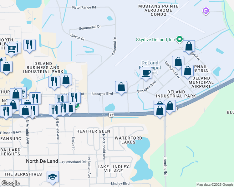 map of restaurants, bars, coffee shops, grocery stores, and more near Old Daytona Road in DeLand
