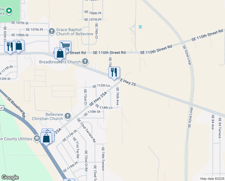 map of restaurants, bars, coffee shops, grocery stores, and more near 11260 Southeast 76th Avenue in Belleview