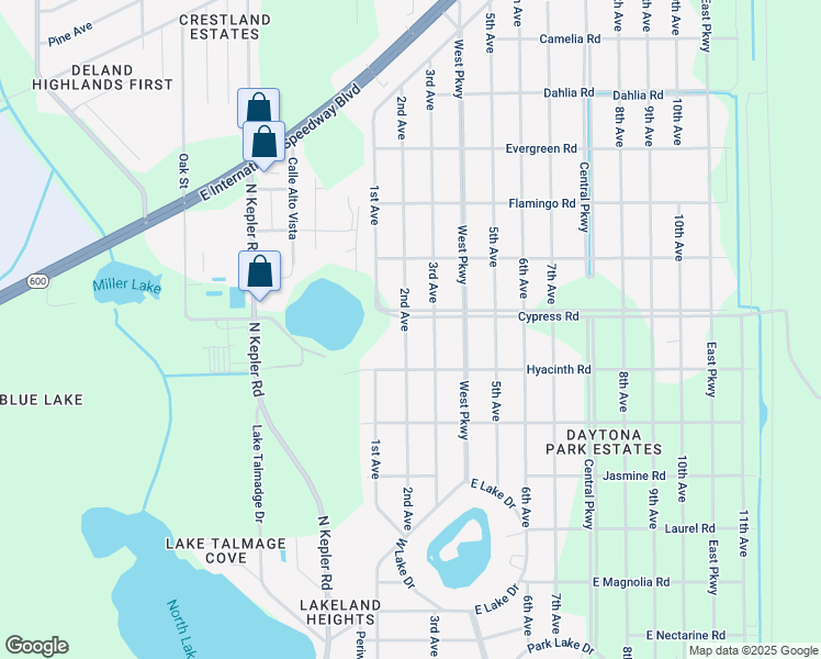map of restaurants, bars, coffee shops, grocery stores, and more near 1675 2nd Avenue in DeLand