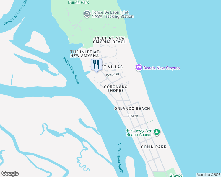 map of restaurants, bars, coffee shops, grocery stores, and more near 105 Dune Circle in New Smyrna Beach