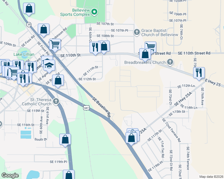 map of restaurants, bars, coffee shops, grocery stores, and more near 11334 68th Court in Belleview